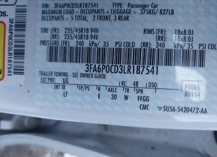 Photo 9 of 2020 Ford Fusion SEL (VIN 3FA6P0CD3LR187541)