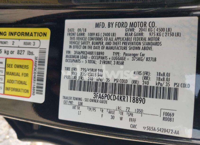 Photo 9 of 2019 Ford Fusion SEL (VIN 3FA6P0CD4KR118890)