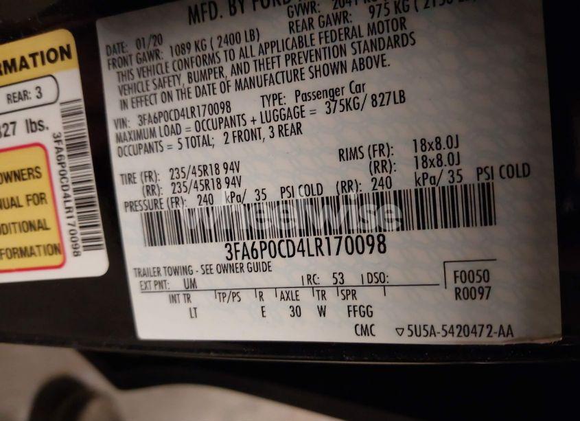 Photo 9 of 2020 Ford Fusion SEL (VIN 3FA6P0CD4LR170098)