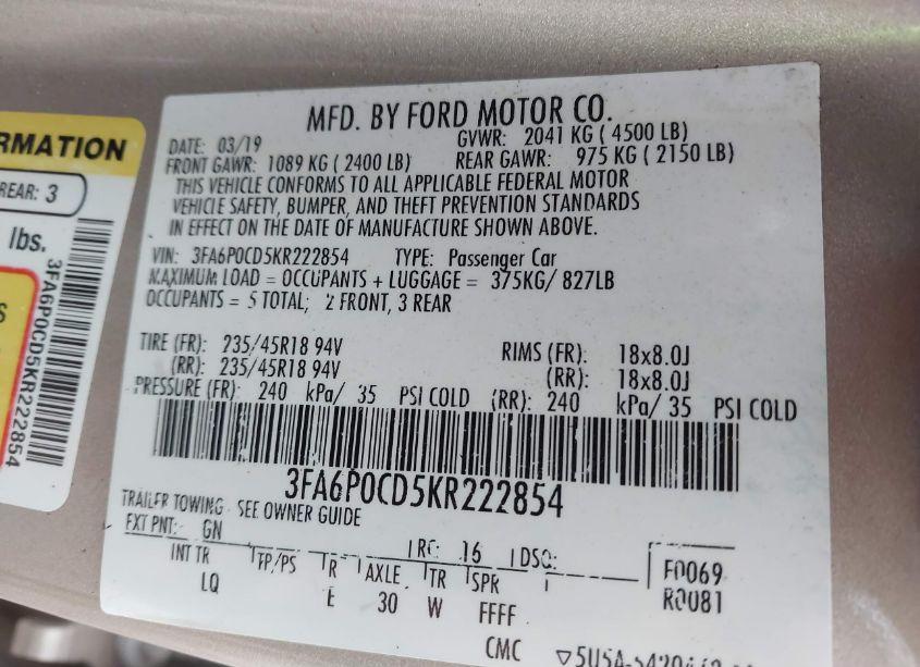 Photo 9 of 2019 Ford Fusion SEL (VIN 3FA6P0CD5KR222854)