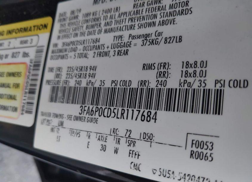 Photo 9 of 2020 Ford Fusion SEL (VIN 3FA6P0CD5LR117684)