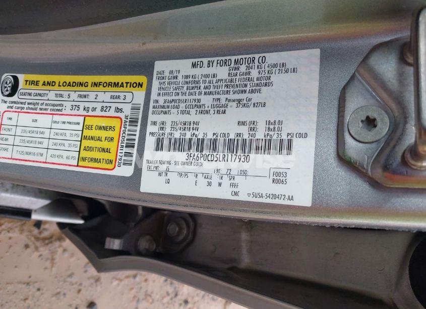 Photo 9 of 2020 Ford Fusion SEL (VIN 3FA6P0CD5LR117930)