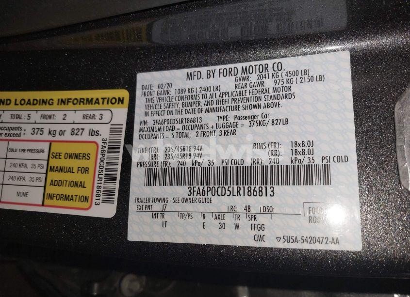 Photo 9 of 2020 Ford Fusion SEL (VIN 3FA6P0CD5LR186813)