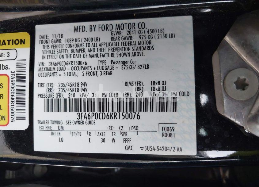 Photo 9 of 2019 Ford Fusion SEL (VIN 3FA6P0CD6KR150076)