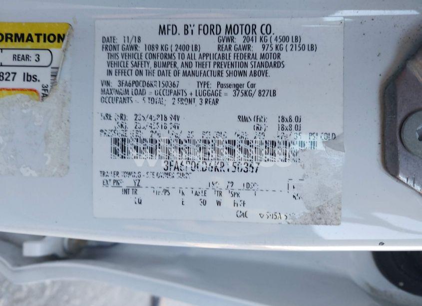 Photo 9 of 2019 Ford Fusion SEL (VIN 3FA6P0CD6KR150367)