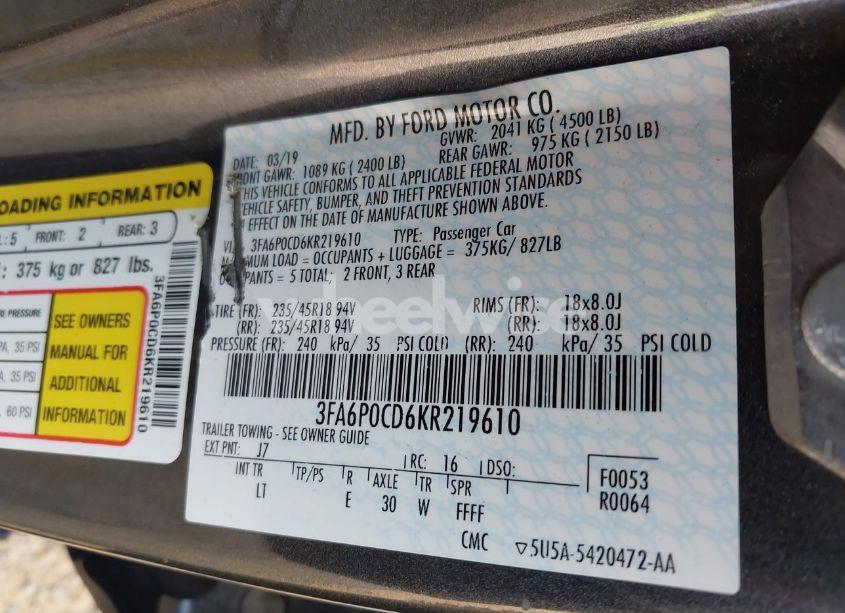 Photo 9 of 2019 Ford Fusion SEL (VIN 3FA6P0CD6KR219610)