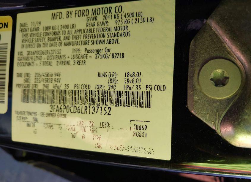 Photo 9 of 2020 Ford Fusion SEL (VIN 3FA6P0CD6LR137152)