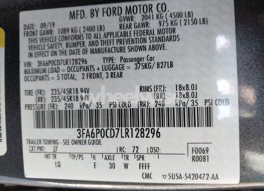 Photo 9 of 2020 Ford Fusion SEL (VIN 3FA6P0CD7LR128296)