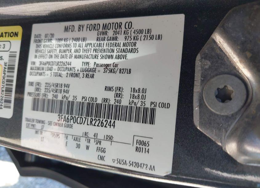Photo 9 of 2020 Ford Fusion SEL (VIN 3FA6P0CD7LR226244)