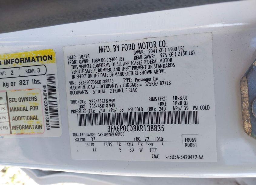 Photo 9 of 2019 Ford Fusion SEL (VIN 3FA6P0CD8KR138835)