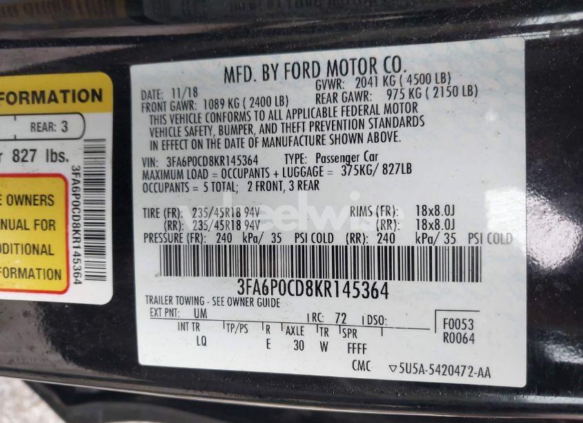 Photo 9 of 2019 Ford Fusion SEL (VIN 3FA6P0CD8KR145364)
