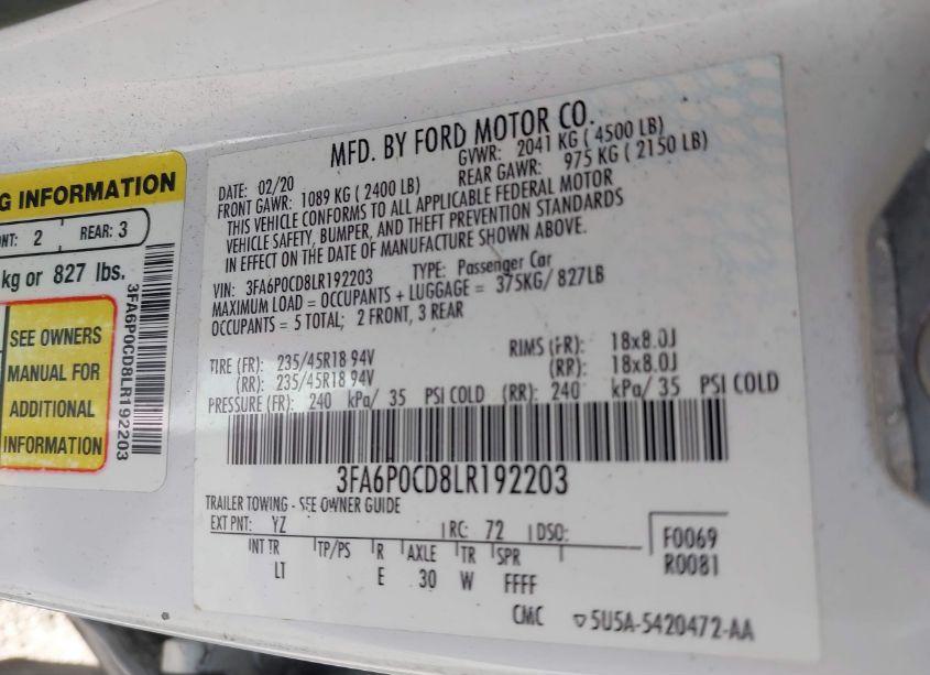 Photo 9 of 2020 Ford Fusion SEL (VIN 3FA6P0CD8LR192203)