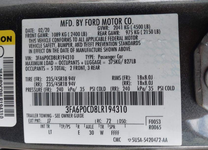 Photo 9 of 2020 Ford Fusion SEL (VIN 3FA6P0CD8LR194310)