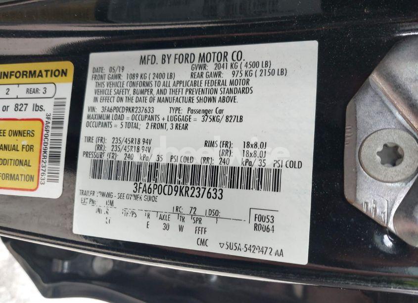 Photo 9 of 2019 Ford Fusion SEL (VIN 3FA6P0CD9KR237633)