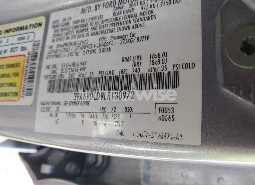 Photo 9 of 2020 Ford Fusion SEL (VIN 3FA6P0CD9LR130972)