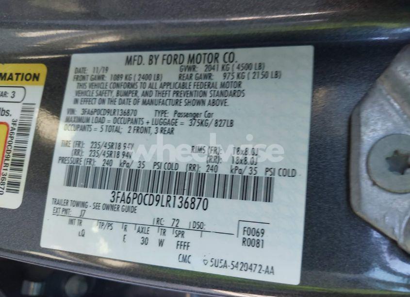 Photo 9 of 2020 Ford Fusion SEL (VIN 3FA6P0CD9LR136870)
