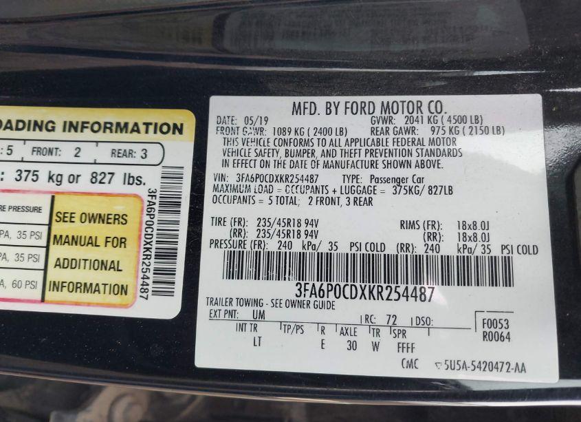 Photo 9 of 2019 Ford Fusion SEL (VIN 3FA6P0CDXKR254487)