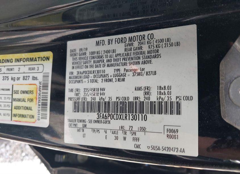 Photo 9 of 2020 Ford Fusion SEL (VIN 3FA6P0CDXLR130110)
