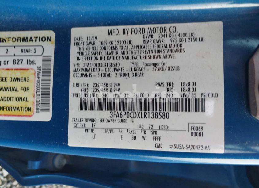 Photo 9 of 2020 Ford Fusion SEL (VIN 3FA6P0CDXLR138580)