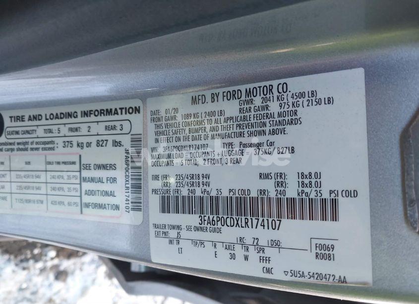 Photo 9 of 2020 Ford Fusion SEL (VIN 3FA6P0CDXLR174107)