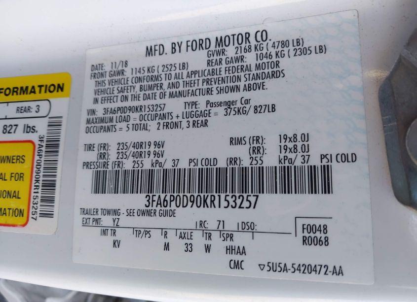 Photo 9 of 2019 Ford Fusion TITANIUM (VIN 3FA6P0D90KR153257)