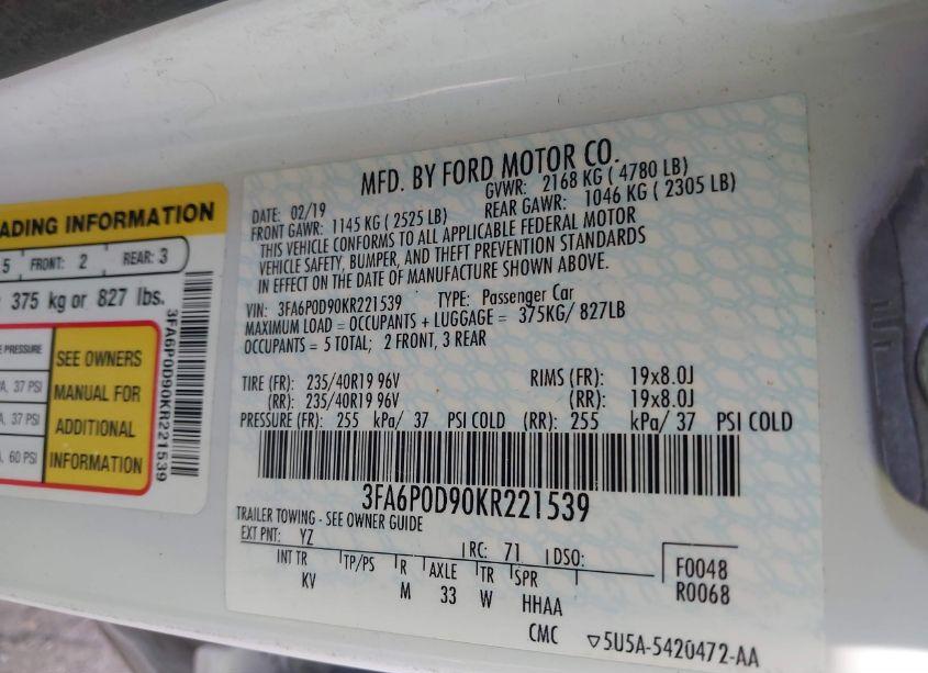 Photo 9 of 2019 Ford Fusion TITANIUM (VIN 3FA6P0D90KR221539)