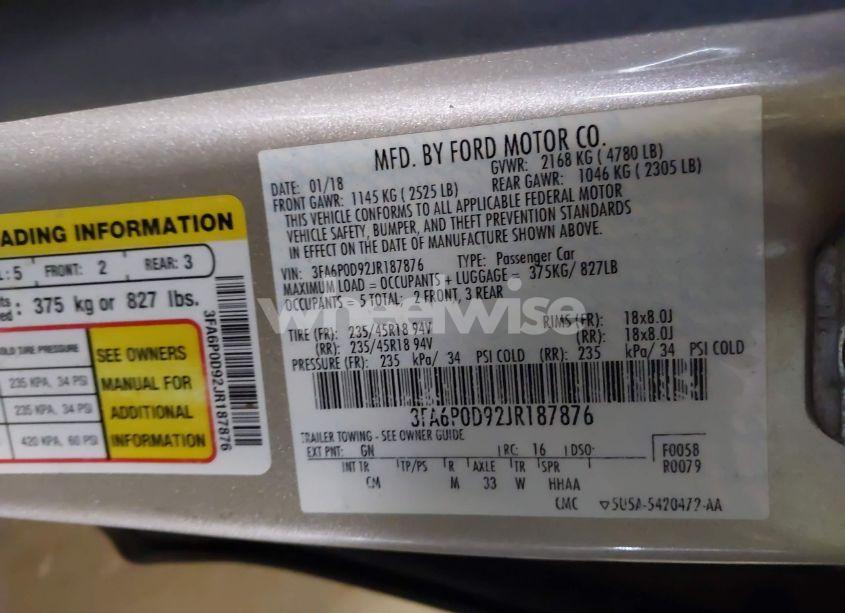 Photo 9 of 2018 Ford Fusion TITANIUM (VIN 3FA6P0D92JR187876)