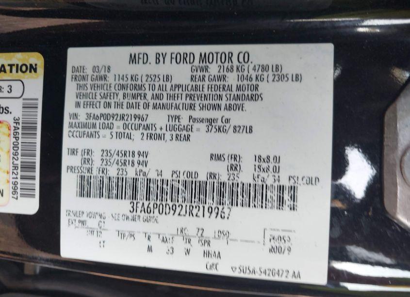 Photo 9 of 2018 Ford Fusion TITANIUM (VIN 3FA6P0D92JR219967)