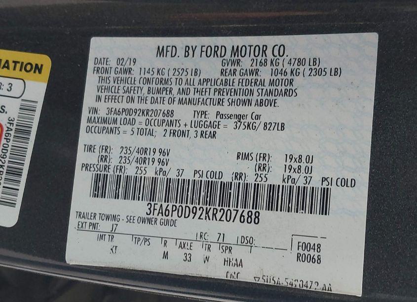 Photo 9 of 2019 Ford Fusion TITANIUM (VIN 3FA6P0D92KR207688)