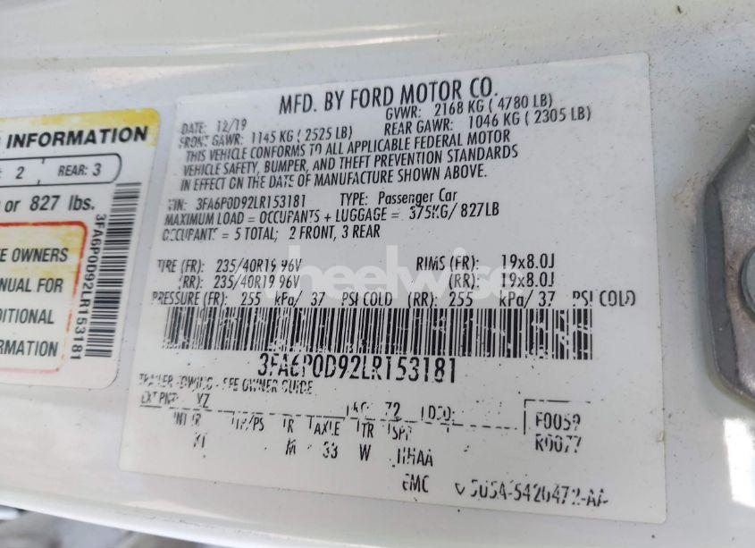 Photo 9 of 2020 Ford Fusion TITANIUM (VIN 3FA6P0D92LR153181)