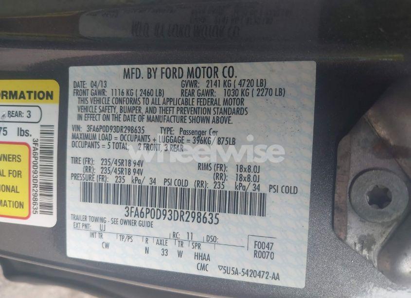 Photo 9 of 2013 Ford Fusion TITANIUM (VIN 3FA6P0D93DR298635)