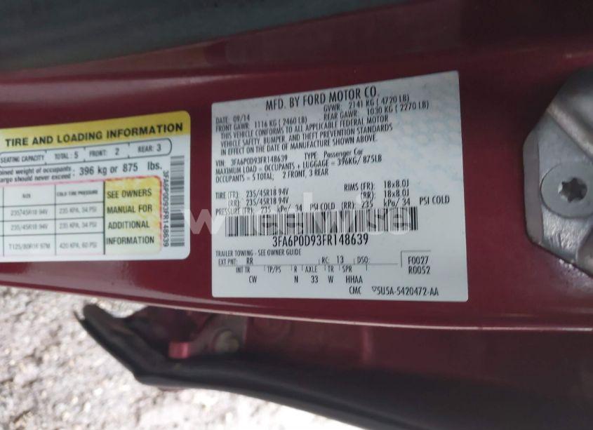 Photo 9 of 2015 Ford Fusion TITANIUM (VIN 3FA6P0D93FR148639)