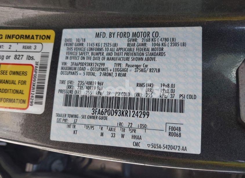 Photo 9 of 2019 Ford Fusion TITANIUM (VIN 3FA6P0D93KR124299)