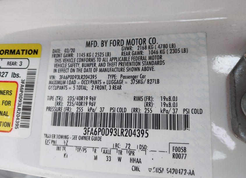 Photo 9 of 2020 Ford Fusion TITANIUM (VIN 3FA6P0D93LR204395)