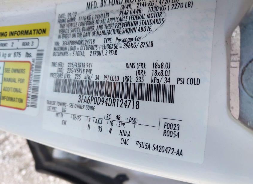 Photo 9 of 2013 Ford Fusion TITANIUM (VIN 3FA6P0D94DR124718)