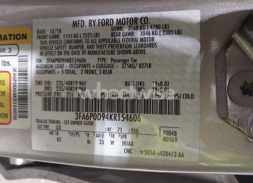 Photo 9 of 2019 Ford Fusion TITANIUM (VIN 3FA6P0D94KR154606)