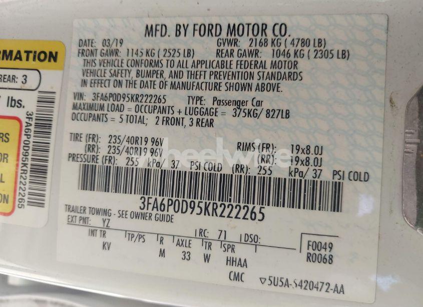 Photo 9 of 2019 Ford Fusion TITANIUM (VIN 3FA6P0D95KR222265)