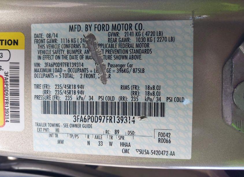 Photo 9 of 2015 Ford Fusion TITANIUM (VIN 3FA6P0D97FR139314)