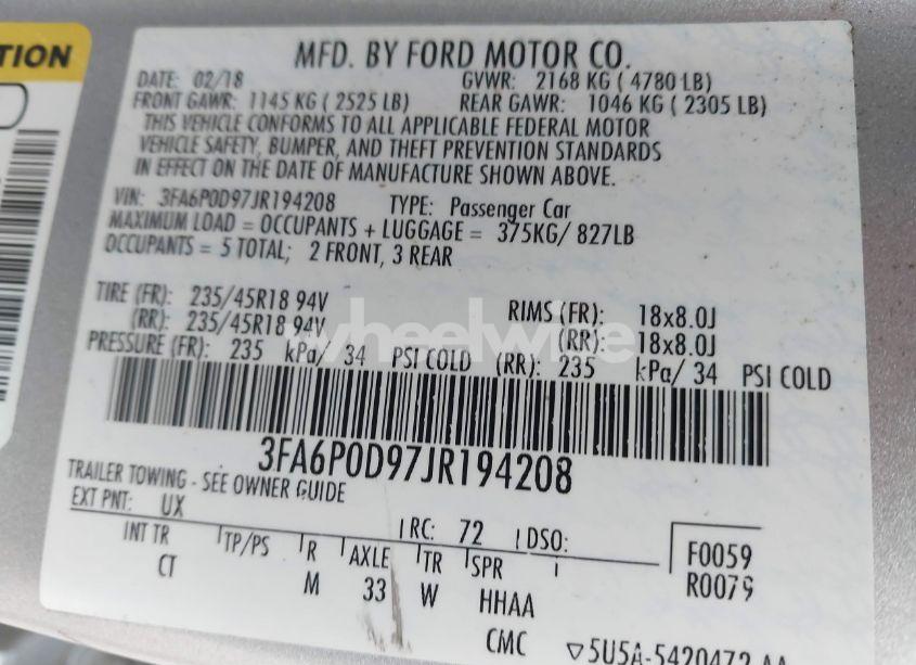 Photo 9 of 2018 Ford Fusion TITANIUM (VIN 3FA6P0D97JR194208)