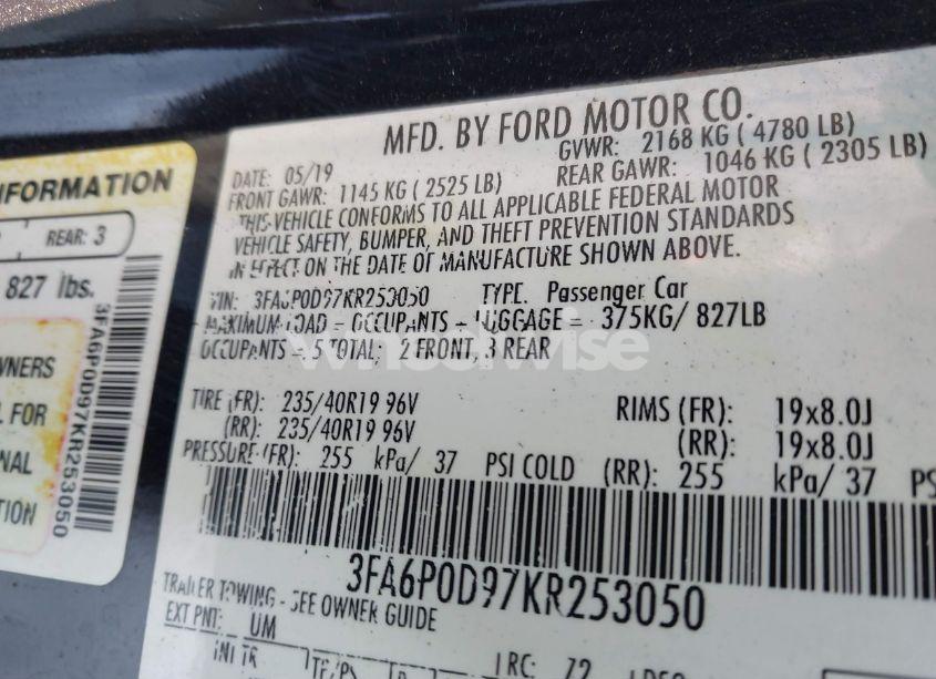Photo 9 of 2019 Ford Fusion TITANIUM (VIN 3FA6P0D97KR253050)