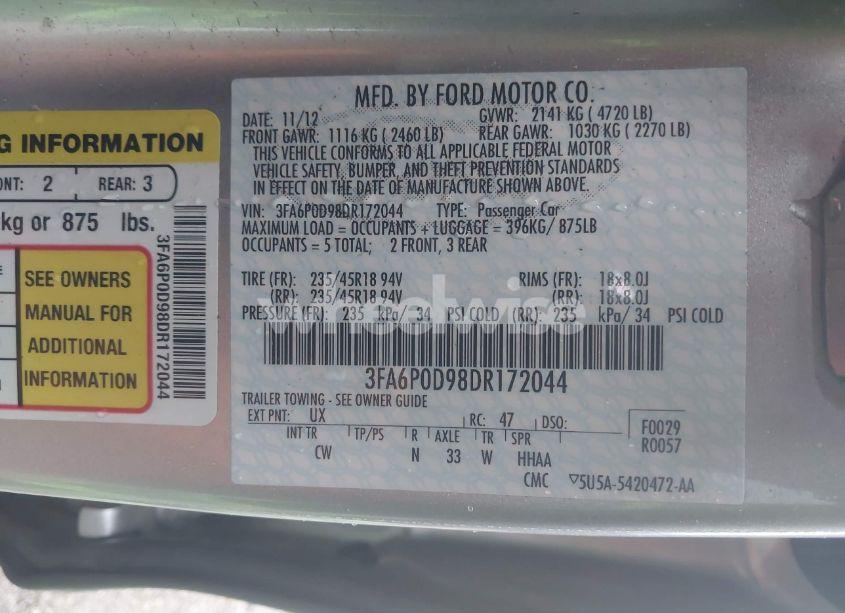 Photo 9 of 2013 Ford Fusion TITANIUM (VIN 3FA6P0D98DR172044)