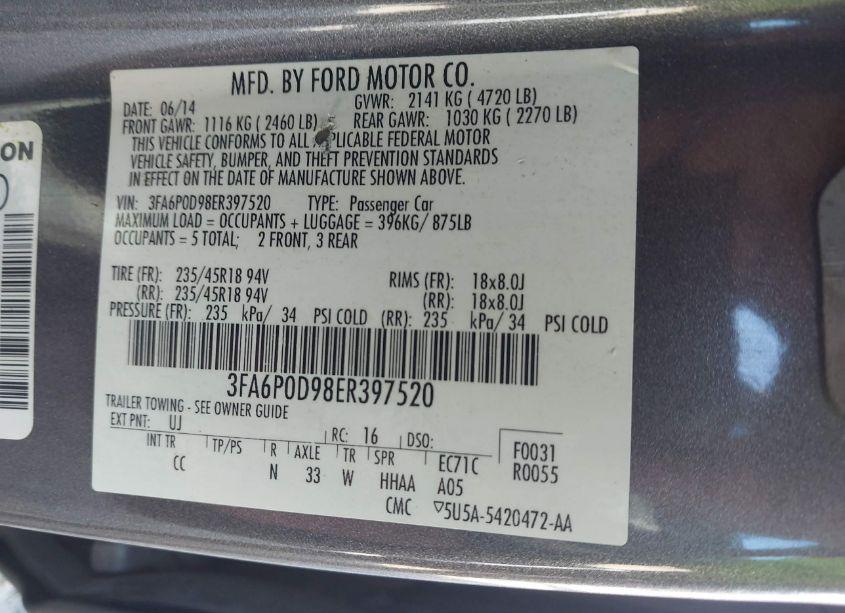 Photo 9 of 2014 Ford Fusion TITANIUM (VIN 3FA6P0D98ER397520)