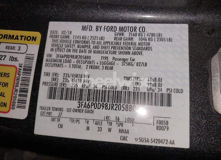 Photo 9 of 2018 Ford Fusion TITANIUM (VIN 3FA6P0D98JR205880)