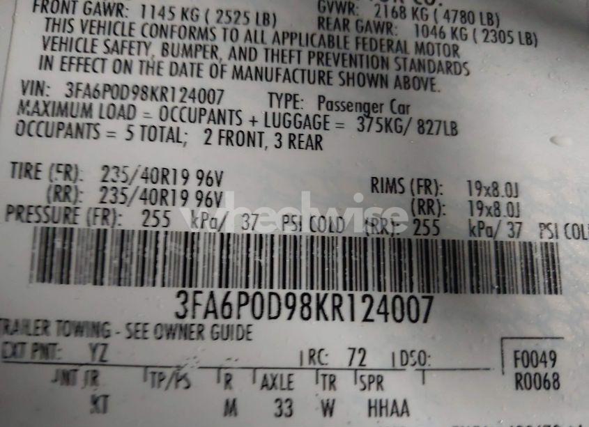 Photo 9 of 2019 Ford Fusion TITANIUM (VIN 3FA6P0D98KR124007)