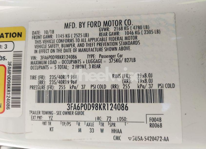 Photo 9 of 2019 Ford Fusion TITANIUM (VIN 3FA6P0D98KR124086)