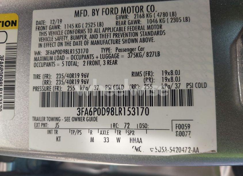 Photo 9 of 2020 Ford Fusion TITANIUM (VIN 3FA6P0D98LR153170)