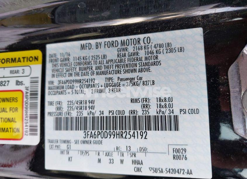 Photo 9 of 2017 Ford Fusion TITANIUM (VIN 3FA6P0D99HR254192)