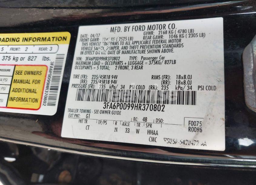 Photo 9 of 2017 Ford Fusion TITANIUM (VIN 3FA6P0D99HR370802)