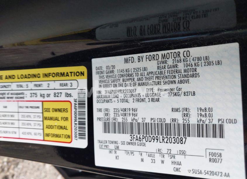 Photo 9 of 2020 Ford Fusion TITANIUM (VIN 3FA6P0D99LR203087)