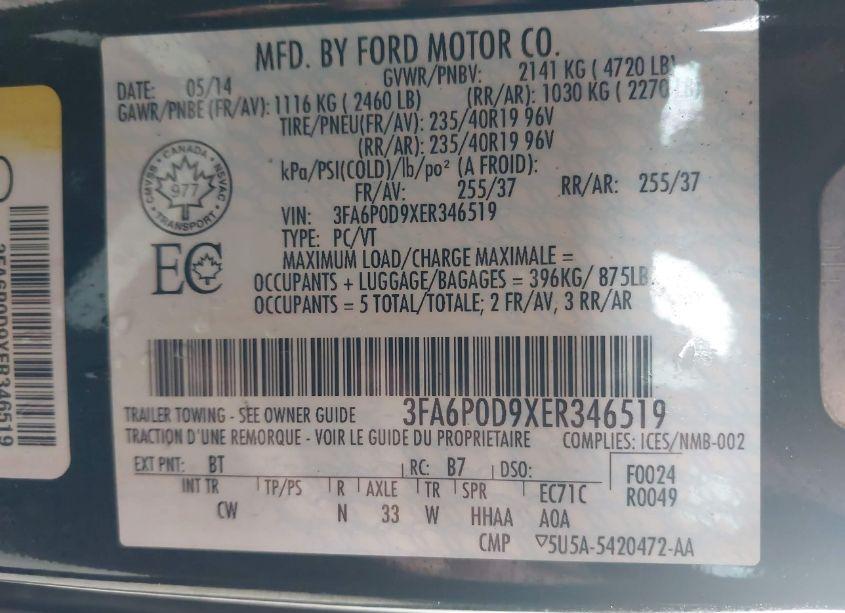 Photo 9 of 2014 Ford Fusion TITANIUM (VIN 3FA6P0D9XER346519)